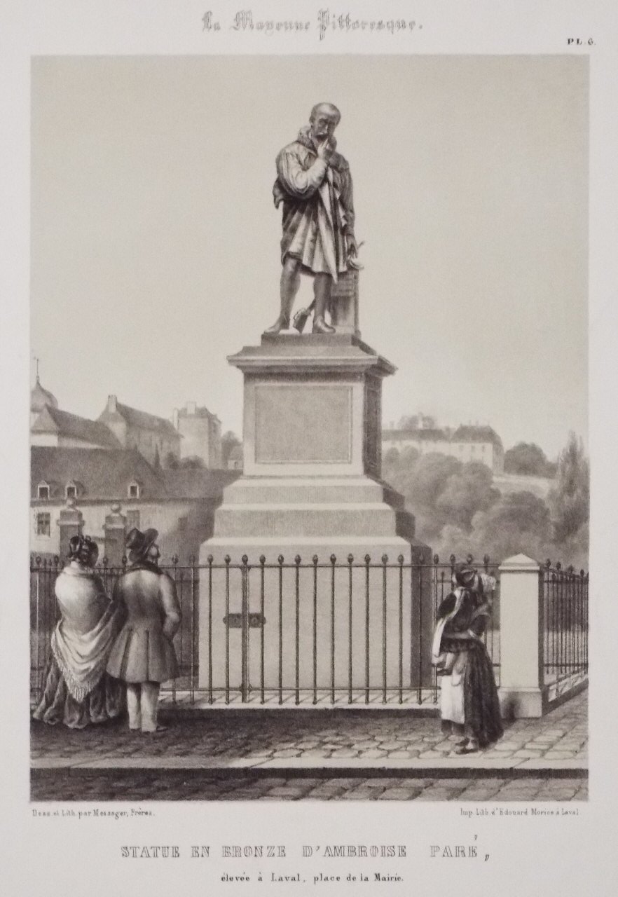 Lithograph - Statue en Bronze d'Amboise Pare, elevee a Laval, place de la Mairie. - Messager